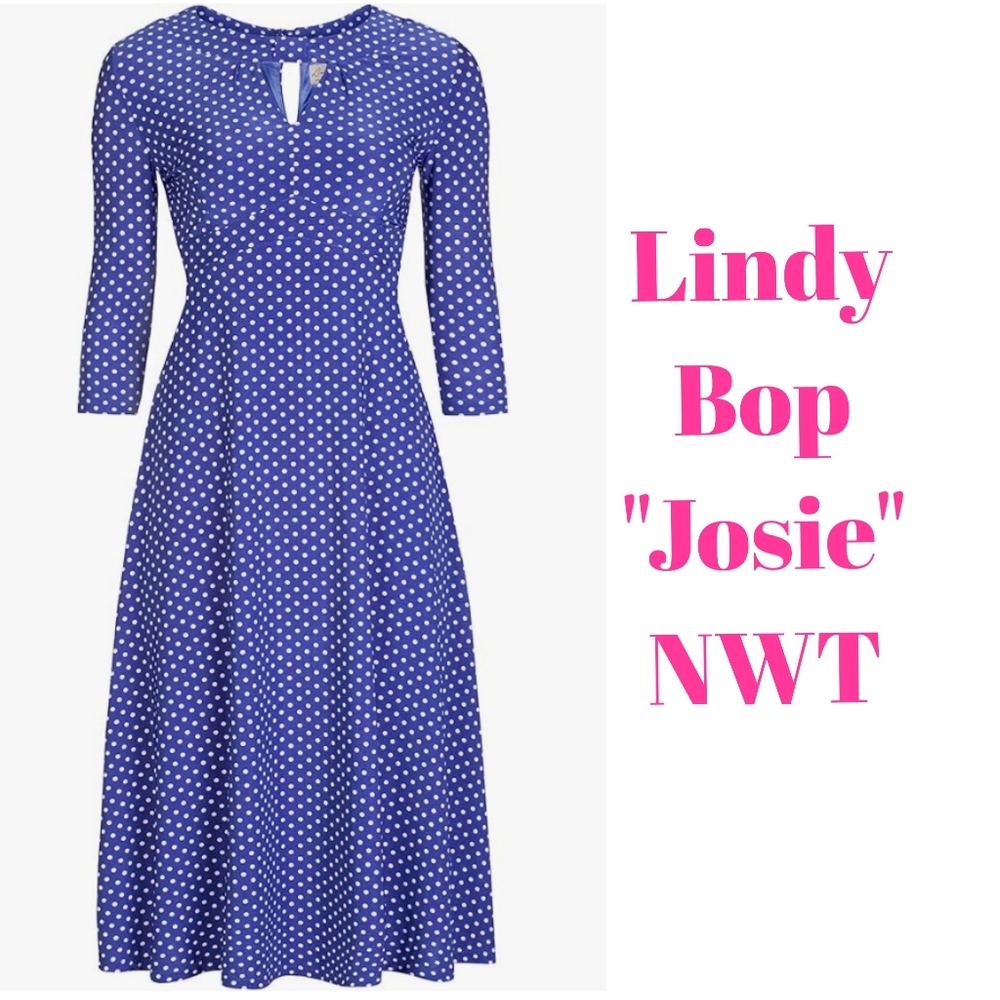 NWT Lindy Bop 'Josie' Classy 40's, 50's style Polka Dot Royal Blue & White Dress
